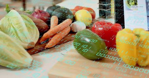 Fresh vegetables on wooden board with binary data overlay showing smart food tracking