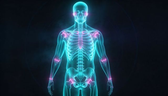 Glowing holographic human skeleton with magenta joint highlights for medical education