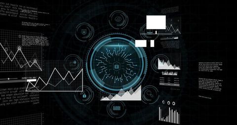 Futuristic Cybersecurity HUD Showing Central Lock Circuitry and Live Data Analytics
