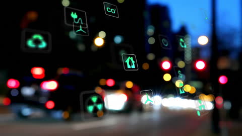 Futuristic Digital Icons Overlay on Blurred City Traffic