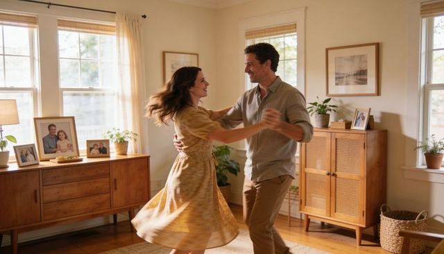 Couple dancing in sunlit living room twirling in yellow dress and khaki pants