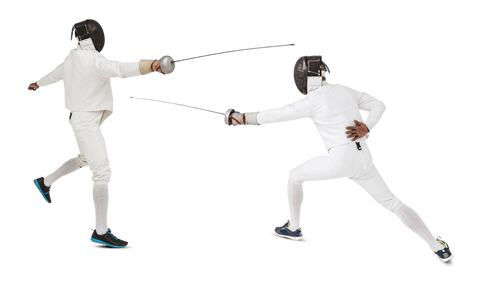 Fencers engaged in duel on transparent background