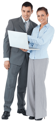 Transparent business colleagues collaborating on laptop