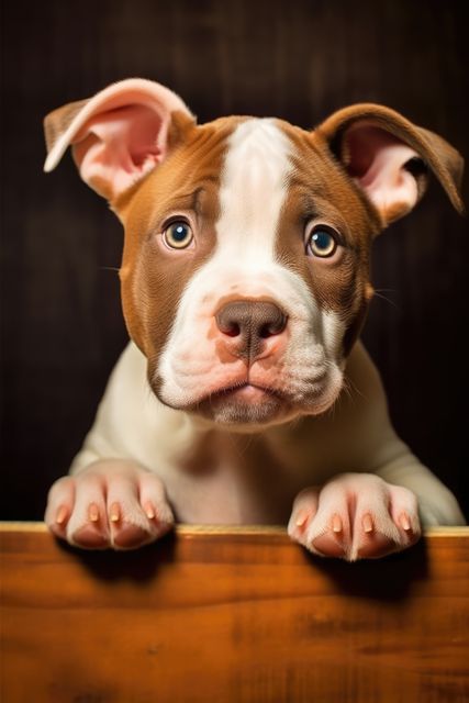 Close up portrait of brown and white pitbull puppy, created using generative ai technology. Animal, dog and pet concept digitally generated image.