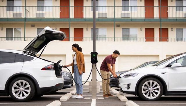 Couple charging electric suvs at motel parking lot using central charging pedestal, daytime