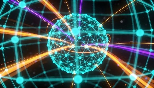 Pulsing neon spherical network with cyan grid and orange-purple data trails for ai connectivity