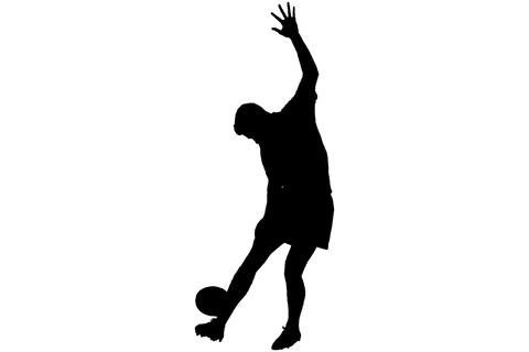 Transparent silhouette of male football player kicking ball electricity effect