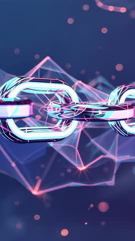 Rotating Neon Chain Linking Pulsing Digital Mesh in Futuristic Cyber Void Vertical Loop