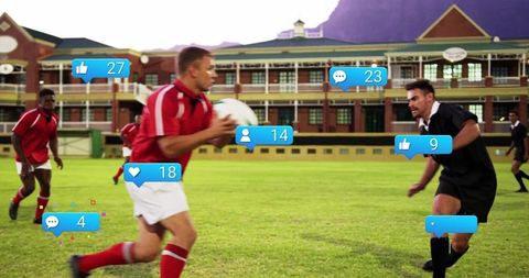 Rugby Players in Action with Social Media Overlay, Capturing Sports Intensity