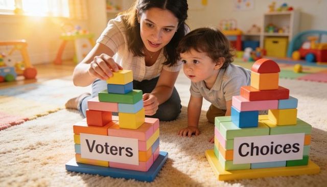 Parent teaching toddler about voting using colorful building blocks labeled voters choices