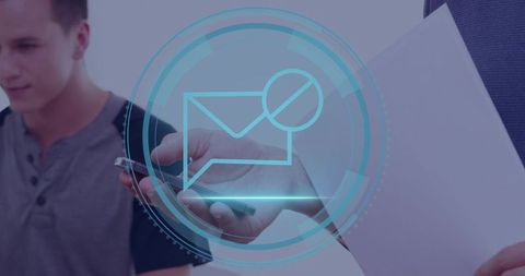 Holding smartphone and documents with holographic message icon for digital communication