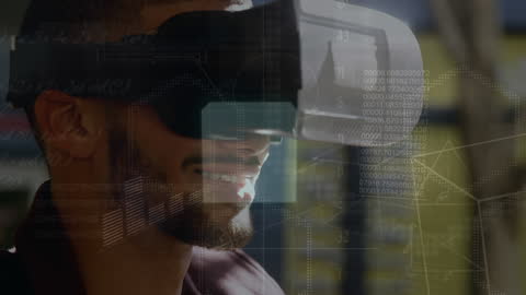 Man Experiencing Virtual Reality with Futuristic Data Graphics