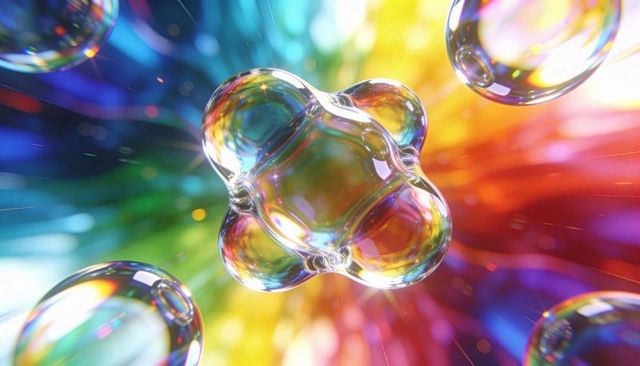 Iridescent four-lobed bubble reflecting rainbow light and floating spheres with vivid bokeh motion