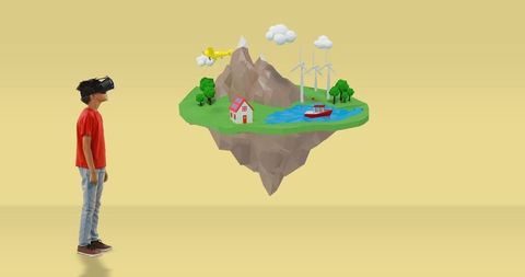 Boy Explores Animated Floating Island in Virtual Reality Headset