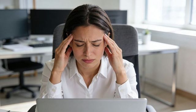 Overwhelmed office worker rubbing temples at laptop experiencing headache