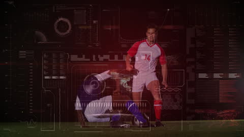 Two Soccer Players Engaging in Fast-Paced Game with Digital Interface