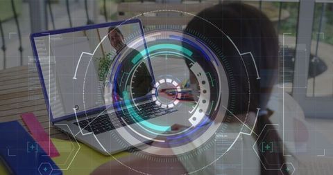 Student Engaging in Video Call with Futuristic Data Overlay