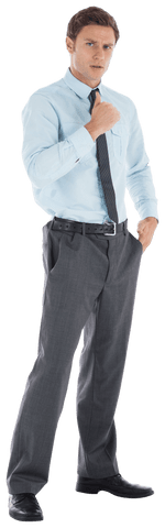 Transparent Businessman Adjusting Tie in Blue Shirt