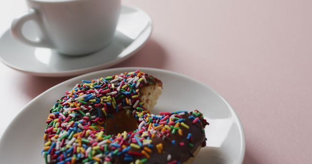 Chocolate sprinkle donut on white plate with a cup of coffee, perfect for breakfast-themed content, marketing materials for cafés, food blogs, or social media posts showcasing desserts and snacks.