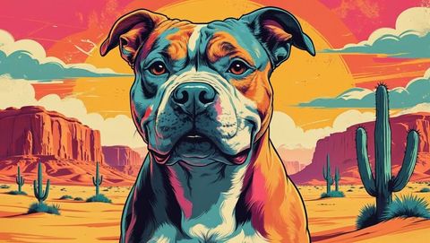 Vibrant pitbull in desert landscape at sunset – ai illustration