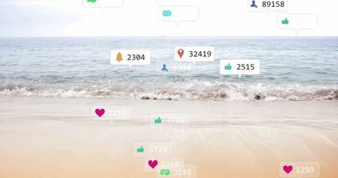 Social Media Popup Icons Over Tranquil Beach Scene