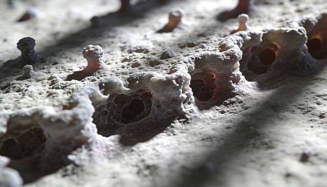Macro porous mineral crust with hollow round cavities and textured columnar encrustations