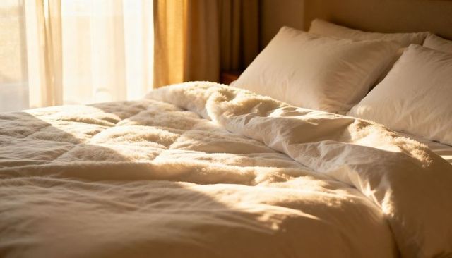 Sunlight streaming across rumpled white duvet and pillows in cozy neutral bedroom