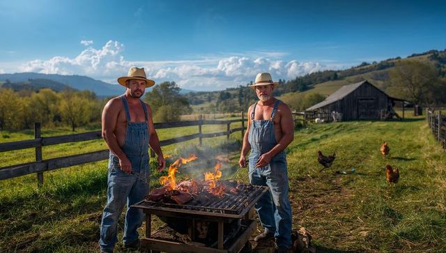 Rural duo grilling meat in overalls and straw hats on sunny pasture