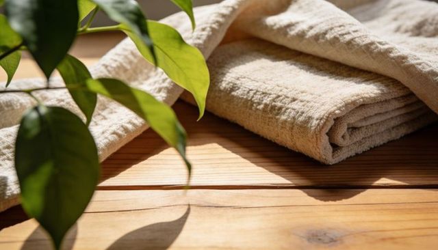Beige terry towels basking in warm sunlight on wooden surface with soft plant shadows