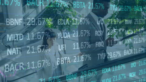 Business Professionals Analyzing Stock Market Data on Escalator