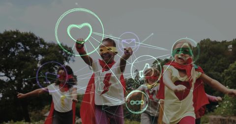 This playful and vibrant scene shows a group of children in superhero costumes having fun outdoors with social media icons overlaying the image. Ideal for themes around childhood imagination, friendship, and digital technology. Can be used for promoting children's activities, tech-themed educational programs, or imaginative play products.
