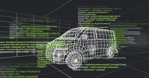 3d wireframe van modeling with overlay code displays