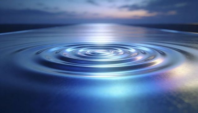 Concentric ripples reflecting twilight on calm blue sea horizon, shimmering circular waves