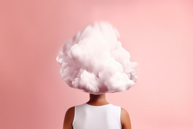 Conceptual artwork showing a person with a cloud instead of a head, emphasizing creativity and imagination. Pink background adds a dreamy, surreal effect. Ideal for use in mental health campaigns, creative projects, advertisements, and editorials focusing on dreams, thoughts, or artistic ideas.