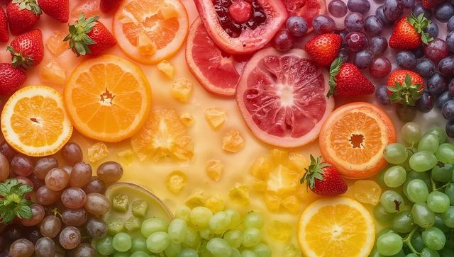 Slicing citrus and arranging strawberries and grapes on glossy syruped flat-lay for summer