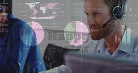 Caucasian Doctor Analyzing Financial Data on Headset