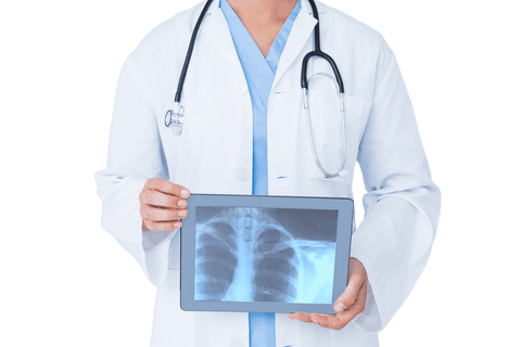 Transparent doctor showing chest x-ray on digital device