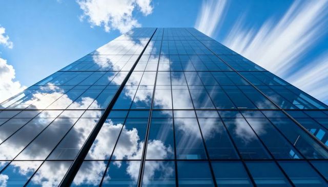 Blue Glass Skyscraper Rising Into Sky Reflecting Fast-Moving Clouds and Urban Grid Facade