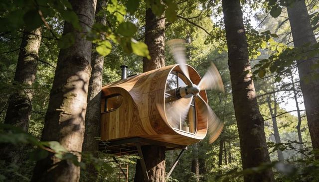 Futuristic wooden pod treehouse perching in forest with spinning propeller and sunlight