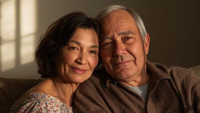 Sunlit senior couple leaning on couch sharing warm companionship and peaceful smiles at home