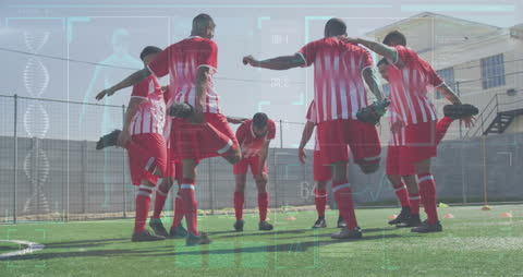 Football Players Stretching with Futuristic Data Overlay