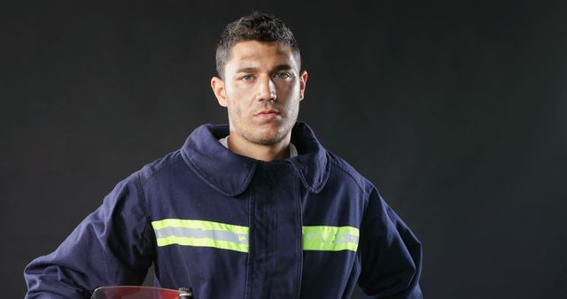 Portrait of biracial male firefighter protecting suit and holding hardhat, copy space. Fire prevention, professionals, safety and expression concept, unaltered.
