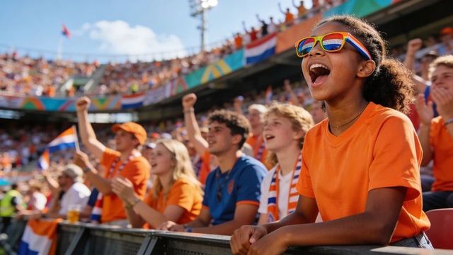 Young fan cheering in orange at sunny stadium wearing rainbow sunglasses and waving flags