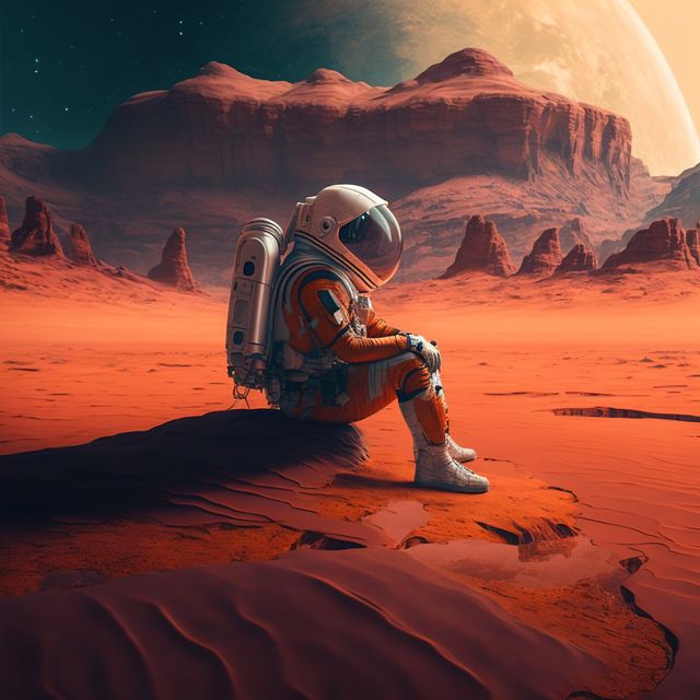 Astronaut sitting on planet mars with mountains, created using generative ai technology. Space, planets and astronaut concept, digitally generated image.