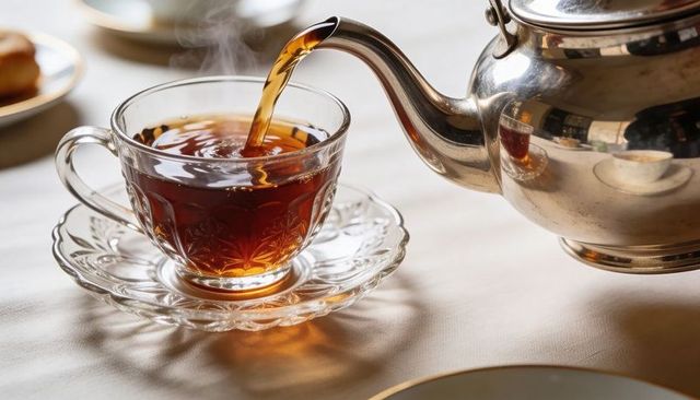 Pouring silver teapot filling crystal glass cup with amber tea for elegant tea ritual