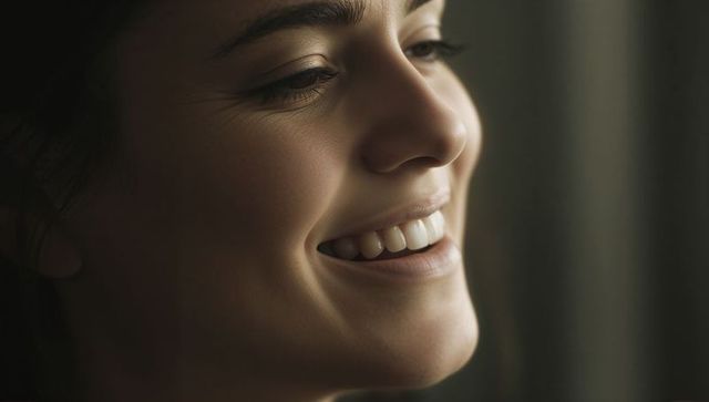 Smiling young woman in soft window light closeup profile portrait conveying warmth