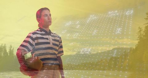 Woman at Lakeside with Digital Binary Overlay Holds Leather Ball