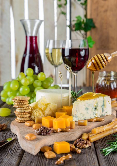 Gourmet Cheese Platter with Wine and Honey Drizzle - Download Free Stock Photos Pikwizard.com