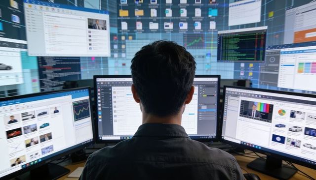 Data analyst monitoring multi-screen workstation with live dashboards, charts and code
