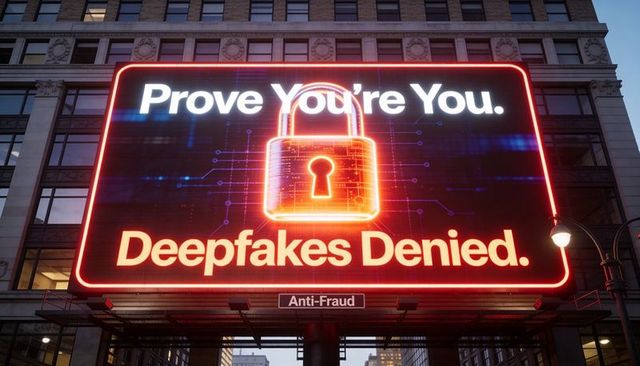 Neon billboard proclaiming deepfakes denied and promoting anti-fraud identity verification
